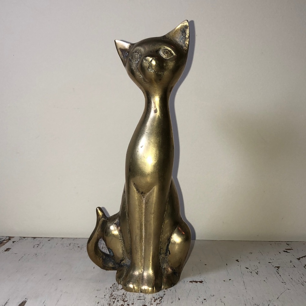 Vintage Brass Tall Kitty Cat Mid-Century Modern Sleek Home Decor Accent Piece